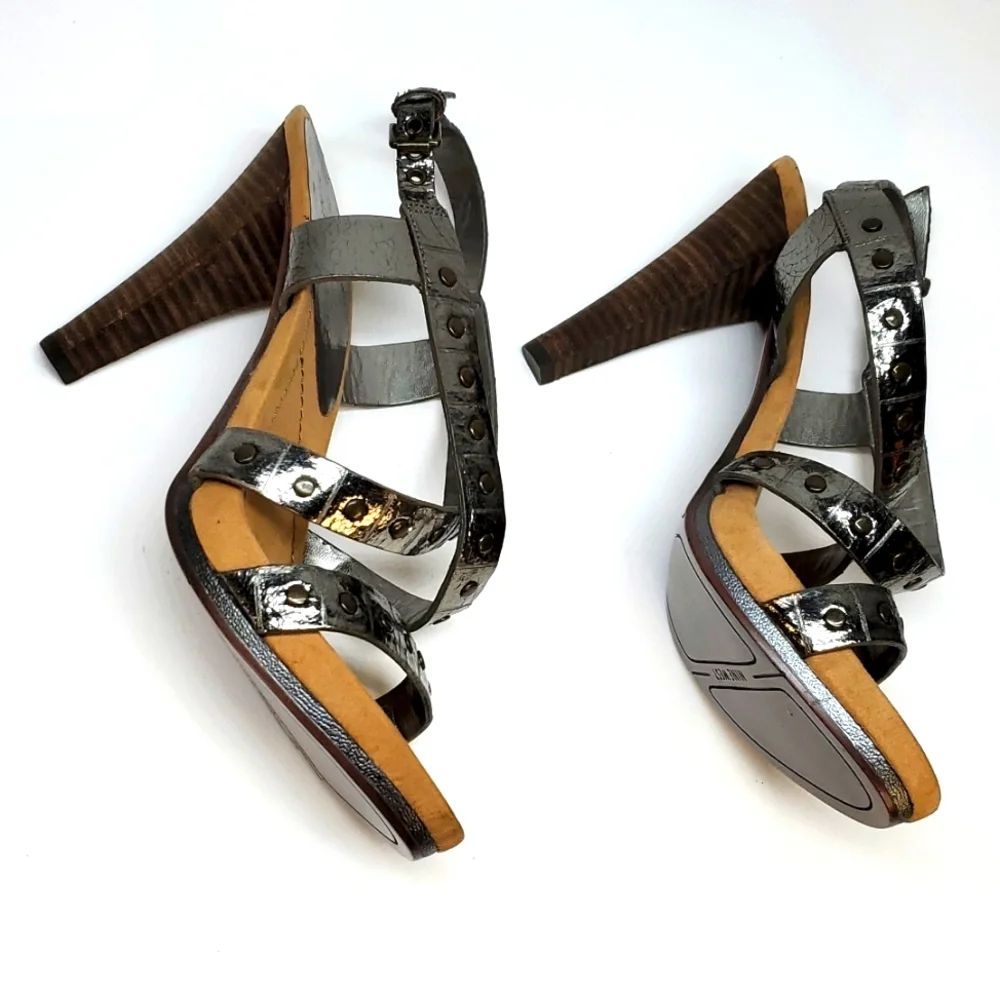 NINE WEST Dimsum Metallic Leather Ankle Strap Heeled Sandal